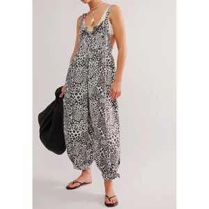 Free People Running Wild Jumpsuit Animal Print Washed Black Ballon Leg Overall S